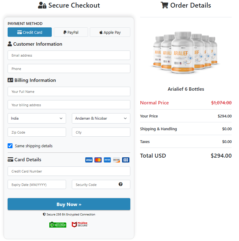 arialief-checkout-page